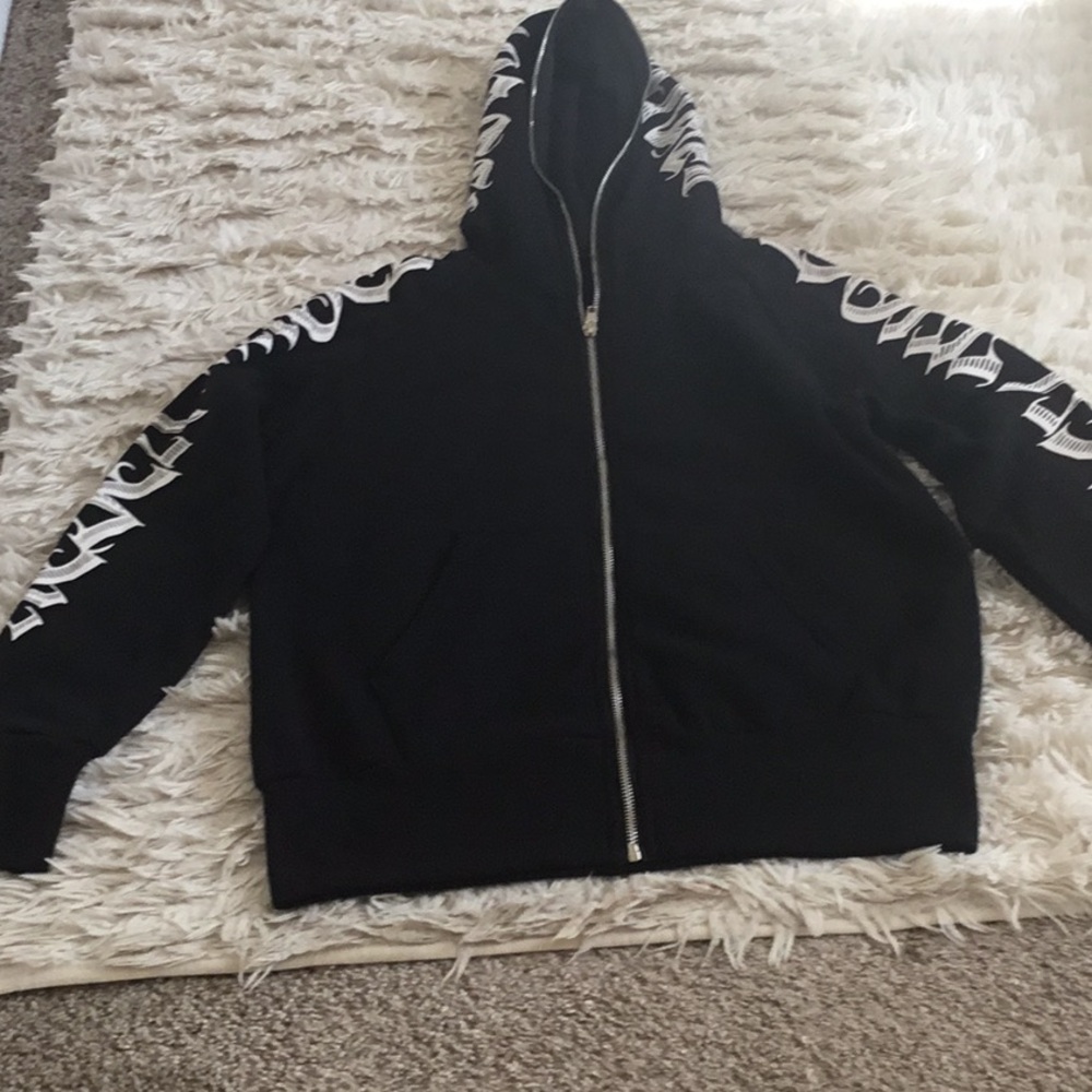 Black Hoodie with Bold White Sleeve Lettering